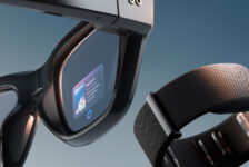 Meta Ray-Ban Display smart glasses and Neural Band wristband shown together, highlighting the new in-lens display and subtle gesture control features.