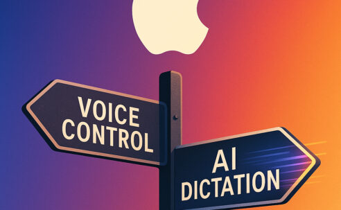 Illustration showing a crossroads sign under the Apple logo, with one arrow labelled “Voice Control” appearing worn and faded, and the other labelled “AI Dictation” glowing and dynamic — symbolising Apple’s choice between stagnation and innovation in accessibility technology.
