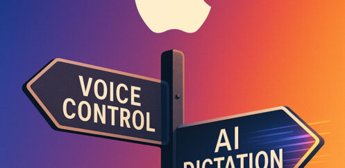 Illustration showing a crossroads sign under the Apple logo, with one arrow labelled “Voice Control” appearing worn and faded, and the other labelled “AI Dictation” glowing and dynamic — symbolising Apple’s choice between stagnation and innovation in accessibility technology.