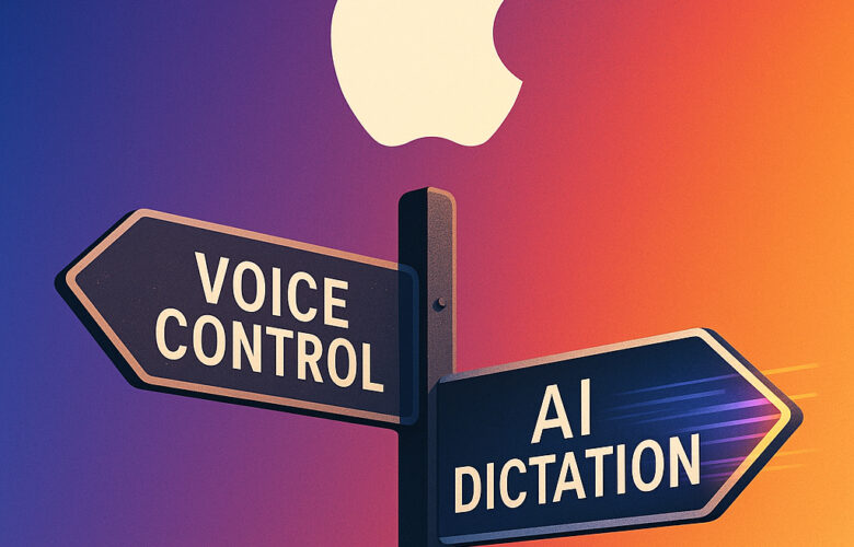 Illustration showing a crossroads sign under the Apple logo, with one arrow labelled “Voice Control” appearing worn and faded, and the other labelled “AI Dictation” glowing and dynamic — symbolising Apple’s choice between stagnation and innovation in accessibility technology.