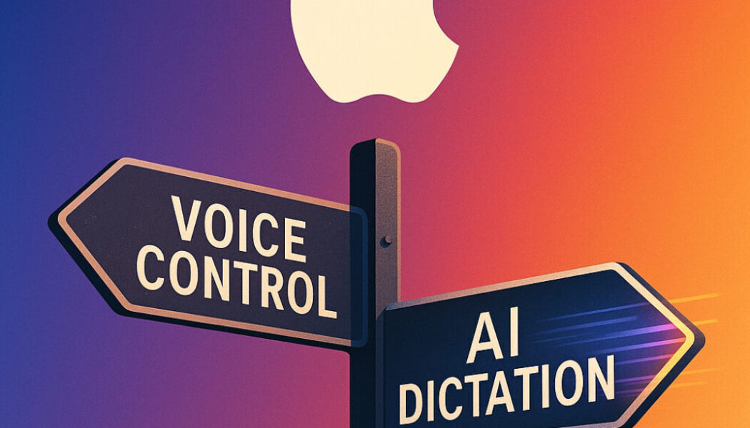 Illustration showing a crossroads sign under the Apple logo, with one arrow labelled “Voice Control” appearing worn and faded, and the other labelled “AI Dictation” glowing and dynamic — symbolising Apple’s choice between stagnation and innovation in accessibility technology.