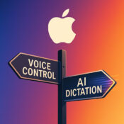 Illustration showing a crossroads sign under the Apple logo, with one arrow labelled “Voice Control” appearing worn and faded, and the other labelled “AI Dictation” glowing and dynamic — symbolising Apple’s choice between stagnation and innovation in accessibility technology.