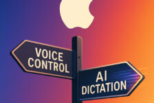 Illustration showing a crossroads sign under the Apple logo, with one arrow labelled “Voice Control” appearing worn and faded, and the other labelled “AI Dictation” glowing and dynamic — symbolising Apple’s choice between stagnation and innovation in accessibility technology.