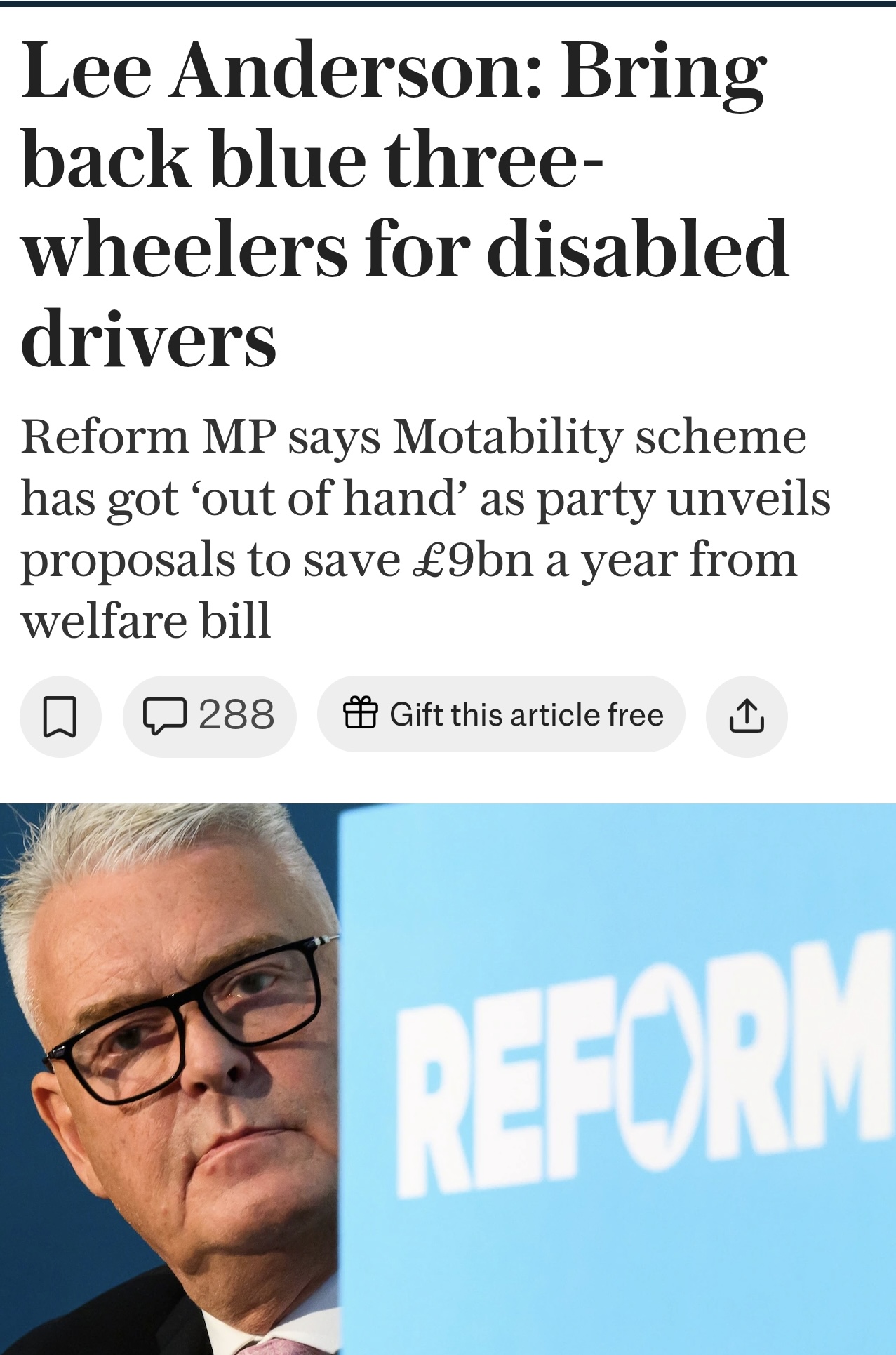 Screenshot from Telegraph of Lee Anderson MP calling for return of three wheeler for disabled drivers 