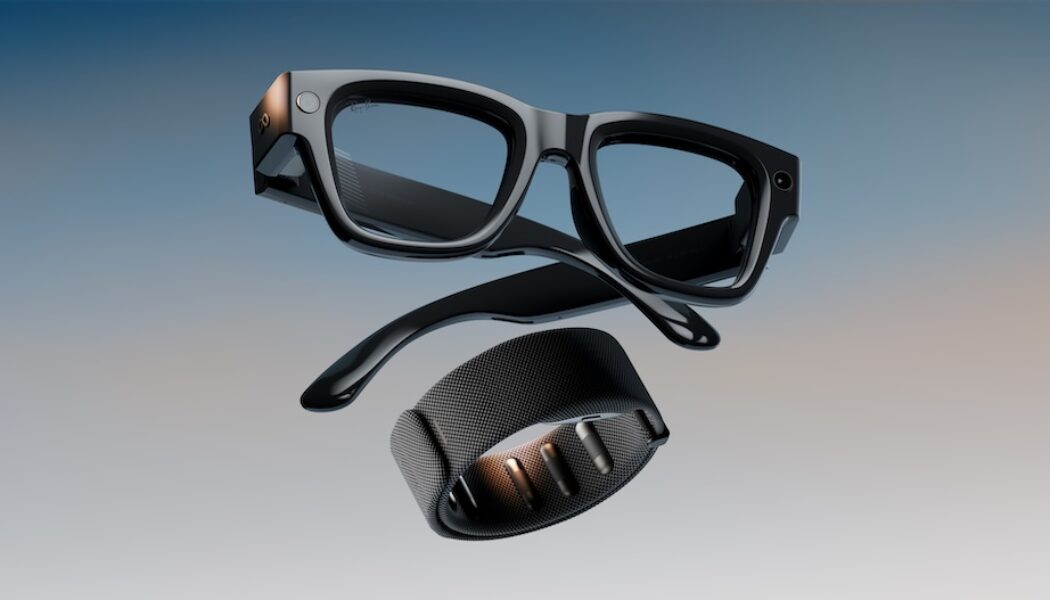 A product shot of the Meta Ray-Ban Display glasses and the Meta Neural Band, which work together as a system, shown against a gradient background
