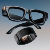 A product shot of the Meta Ray-Ban Display glasses and the Meta Neural Band, which work together as a system, shown against a gradient background