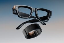 A product shot of the Meta Ray-Ban Display glasses and the Meta Neural Band, which work together as a system, shown against a gradient background