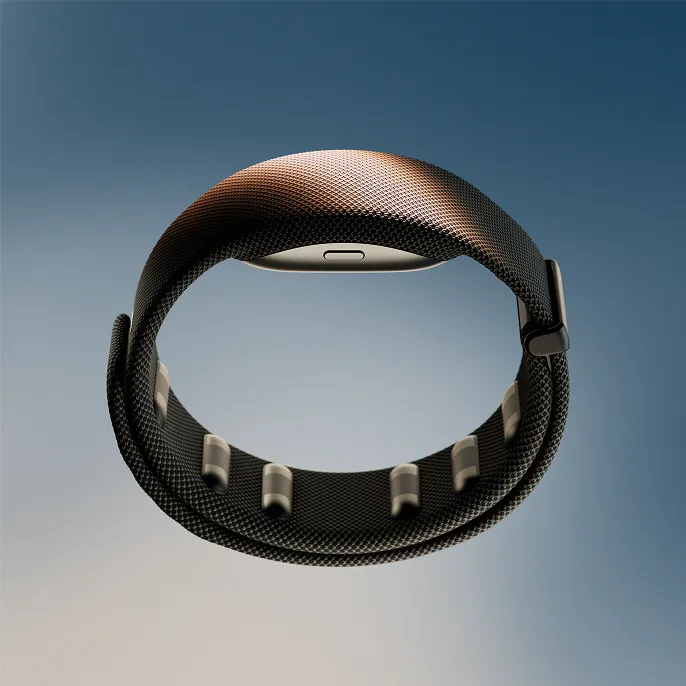 Close-up of the Meta Neural Band wristband, part of the Meta Ray-Ban Display glasses system, showing its sleek design and EMG sensor layout.