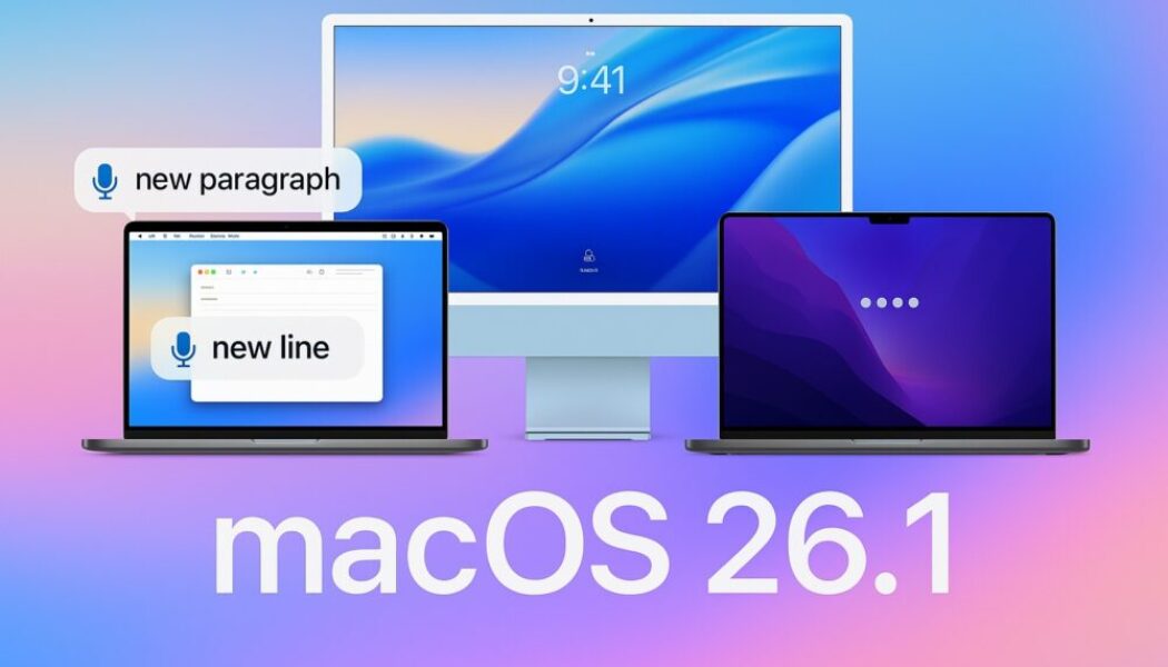Voice Control in macOS 26.1 graphic showing a MacBook and iMac on a blue gradient background, with microphone icons beside the commands “Delete that”, “Lower case that”, and “New line”, illustrating accessibility and Voice Control improvements.