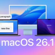 Voice Control in macOS 26.1 graphic showing a MacBook and iMac on a blue gradient background, with microphone icons beside the commands “Delete that”, “Lower case that”, and “New line”, illustrating accessibility and Voice Control improvements.