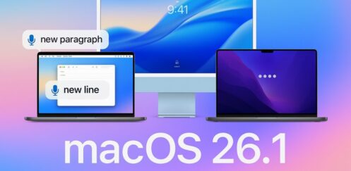 Voice Control in macOS 26.1 graphic showing a MacBook and iMac on a blue gradient background, with microphone icons beside the commands “Delete that”, “Lower case that”, and “New line”, illustrating accessibility and Voice Control improvements.