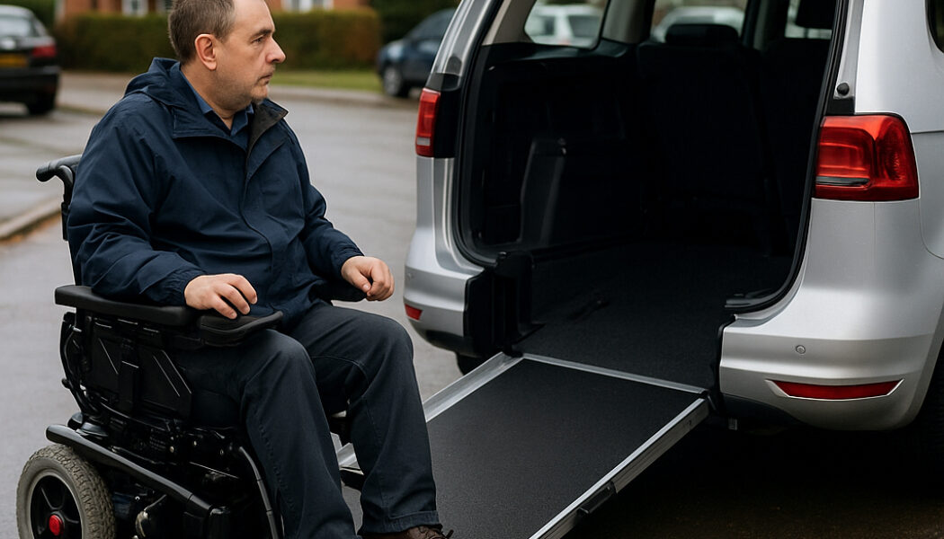 A wheelchair user beside an adapted Motability vehicle on a residential street, illustrating the impact of Motability cuts.