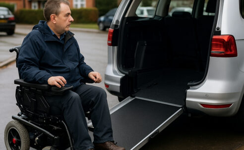 A wheelchair user beside an adapted Motability vehicle on a residential street, illustrating the impact of Motability cuts.