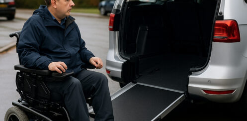 A wheelchair user beside an adapted Motability vehicle on a residential street, illustrating the impact of Motability cuts.