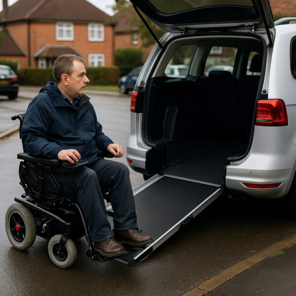 A wheelchair user beside an adapted Motability vehicle on a residential street, illustrating the impact of Motability cuts.
