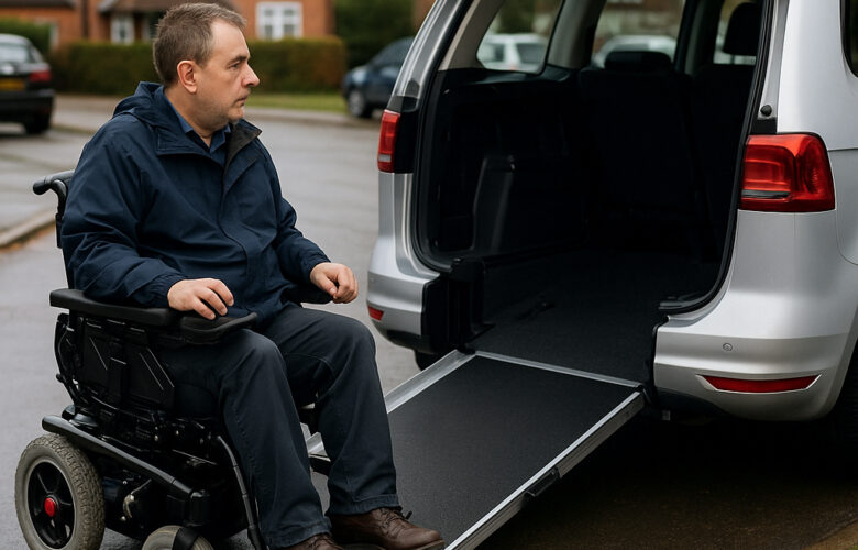 A wheelchair user beside an adapted Motability vehicle on a residential street, illustrating the impact of Motability cuts.