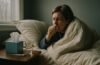 A housebound person wrapped in a duvet coughs in bed beside a nightstand holding tissues, a thermometer and a glass of water, illustrating the need for timely housebound flu vaccine access.