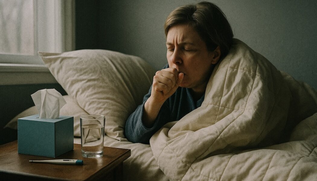 A housebound person wrapped in a duvet coughs in bed beside a nightstand holding tissues, a thermometer and a glass of water, illustrating the need for timely housebound flu vaccine access.