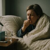 A housebound person wrapped in a duvet coughs in bed beside a nightstand holding tissues, a thermometer and a glass of water, illustrating the need for timely housebound flu vaccine access.