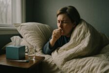 A housebound person wrapped in a duvet coughs in bed beside a nightstand holding tissues, a thermometer and a glass of water, illustrating the need for timely housebound flu vaccine access.