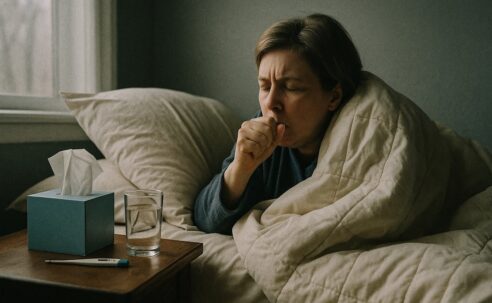 A housebound person wrapped in a duvet coughs in bed beside a nightstand holding tissues, a thermometer and a glass of water, illustrating the need for timely housebound flu vaccine access.