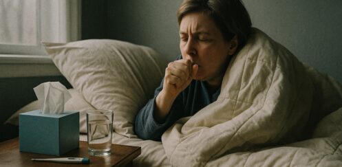 A housebound person wrapped in a duvet coughs in bed beside a nightstand holding tissues, a thermometer and a glass of water, illustrating the need for timely housebound flu vaccine access.