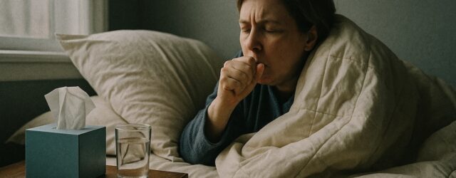 A housebound person wrapped in a duvet coughs in bed beside a nightstand holding tissues, a thermometer and a glass of water, illustrating the need for timely housebound flu vaccine access.