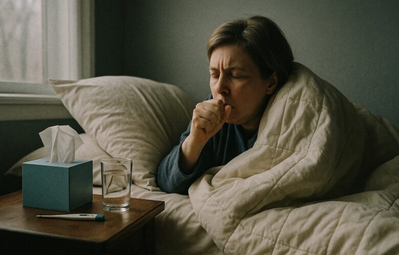 A housebound person wrapped in a duvet coughs in bed beside a nightstand holding tissues, a thermometer and a glass of water, illustrating the need for timely housebound flu vaccine access.