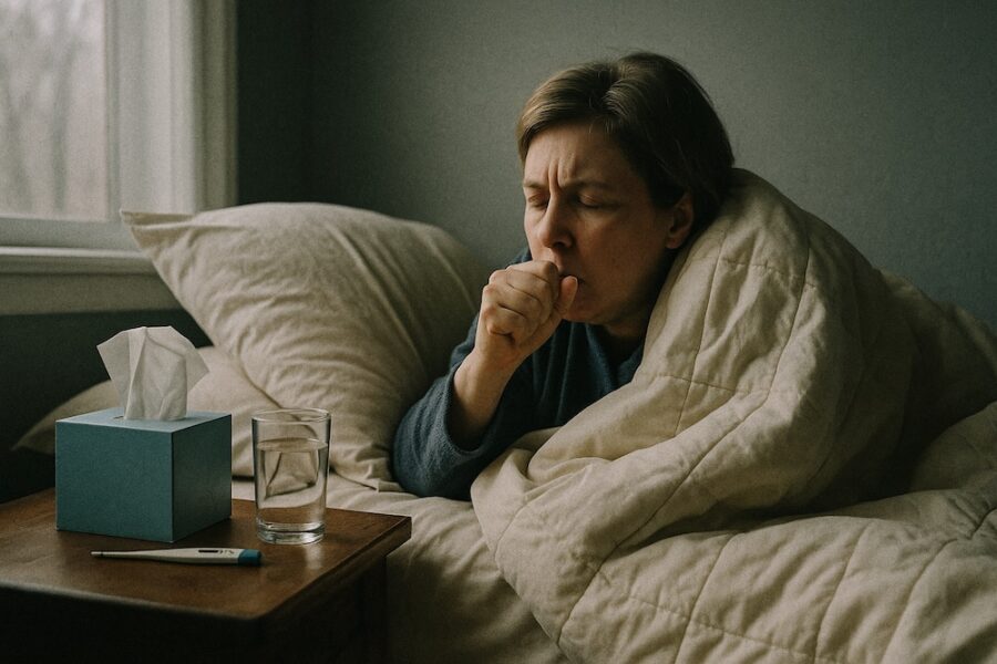 A housebound person wrapped in a duvet coughs in bed beside a nightstand holding tissues, a thermometer and a glass of water, illustrating the need for timely housebound flu vaccine access.