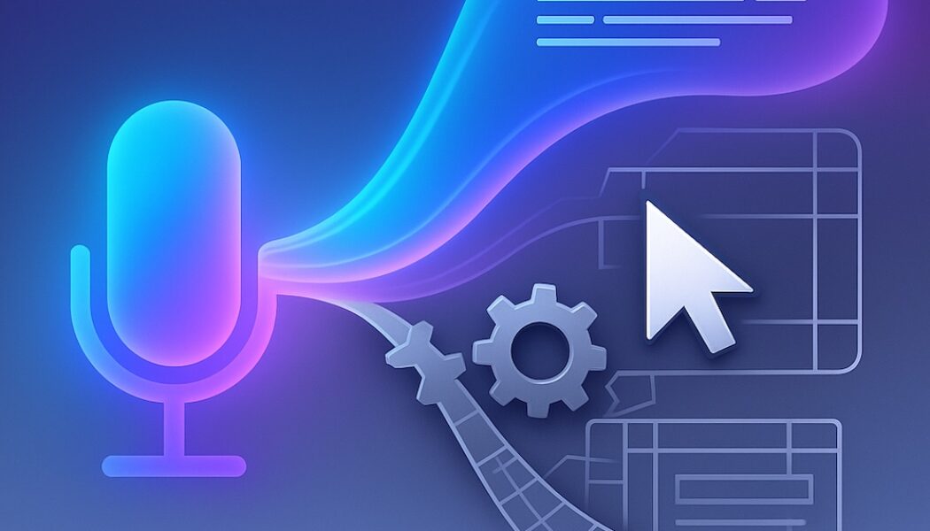 A minimalist illustration showing a glowing microphone emitting fluid text to represent AI dictation, contrasted with gears, grids and a cursor symbolising rigid built-in navigation tools.