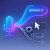 A minimalist illustration showing a glowing microphone emitting fluid text to represent AI dictation, contrasted with gears, grids and a cursor symbolising rigid built-in navigation tools.