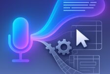 A minimalist illustration showing a glowing microphone emitting fluid text to represent AI dictation, contrasted with gears, grids and a cursor symbolising rigid built-in navigation tools.