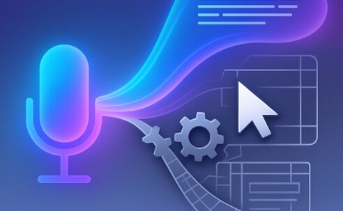 A minimalist illustration showing a glowing microphone emitting fluid text to represent AI dictation, contrasted with gears, grids and a cursor symbolising rigid built-in navigation tools.