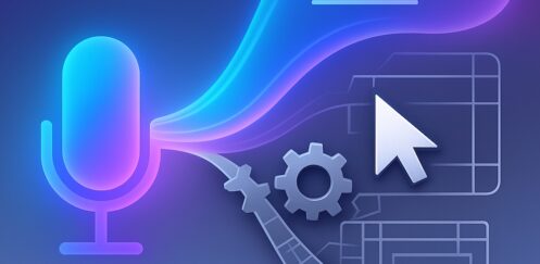 A minimalist illustration showing a glowing microphone emitting fluid text to represent AI dictation, contrasted with gears, grids and a cursor symbolising rigid built-in navigation tools.