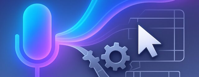 A minimalist illustration showing a glowing microphone emitting fluid text to represent AI dictation, contrasted with gears, grids and a cursor symbolising rigid built-in navigation tools.