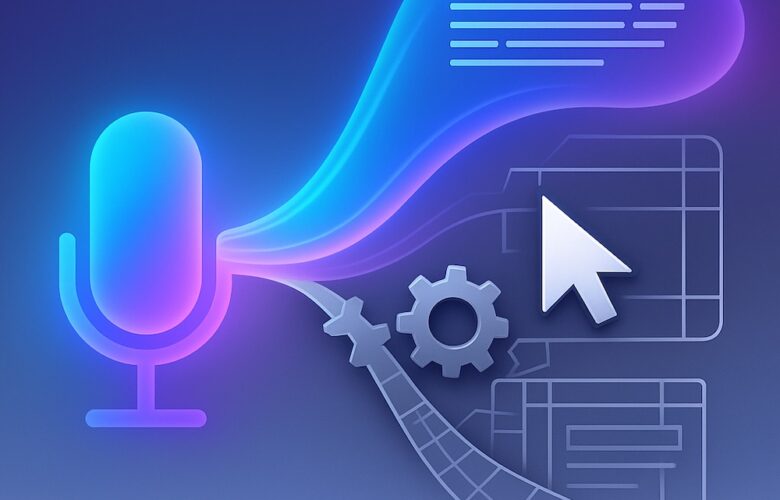 A minimalist illustration showing a glowing microphone emitting fluid text to represent AI dictation, contrasted with gears, grids and a cursor symbolising rigid built-in navigation tools.
