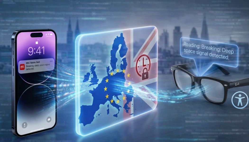 iOS 26.3 Notification Forwarding illustrated with an iPhone sending notifications to smart glasses for accessibility