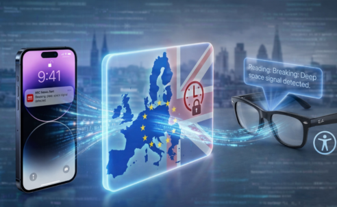 iOS 26.3 Notification Forwarding illustrated with an iPhone sending notifications to smart glasses for accessibility