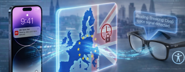 iOS 26.3 Notification Forwarding illustrated with an iPhone sending notifications to smart glasses for accessibility