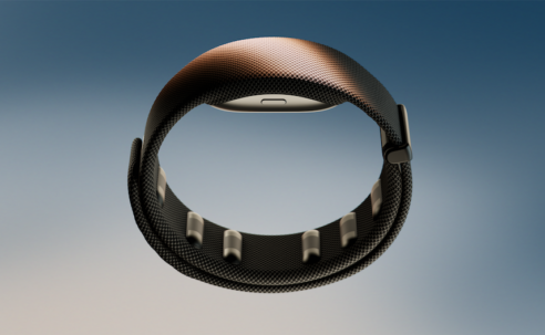Meta Neural Band wrist device shown as a slim black band with embedded EMG sensors on the inner surface, designed for detecting muscle signals to enable EMG-based interaction.