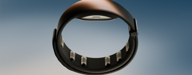 Meta Neural Band wrist device shown as a slim black band with embedded EMG sensors on the inner surface, designed for detecting muscle signals to enable EMG-based interaction.