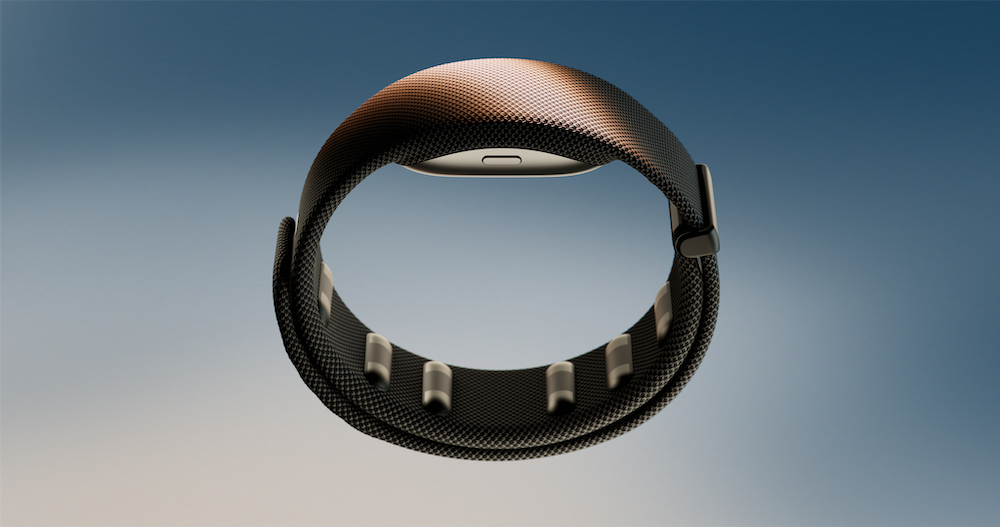 Meta Neural Band wrist device shown as a slim black band with embedded EMG sensors on the inner surface, designed for detecting muscle signals to enable EMG-based interaction.