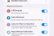 Mock-up of the Meta AI app Accessibility screen for Ray-Ban Meta smart glasses, showing a proposed Physical and motor section with voice-based controls including call hang up, voice shortcuts, wake word settings, reply without confirmation, and authenticated message readouts for disabled people.
