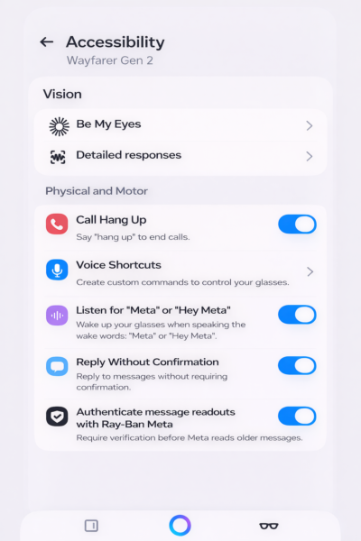 Mock-up of the Meta AI app Accessibility screen for Ray-Ban Meta smart glasses, showing a proposed Physical and motor section with voice-based controls including call hang up, voice shortcuts, wake word settings, reply without confirmation, and authenticated message readouts for disabled people.