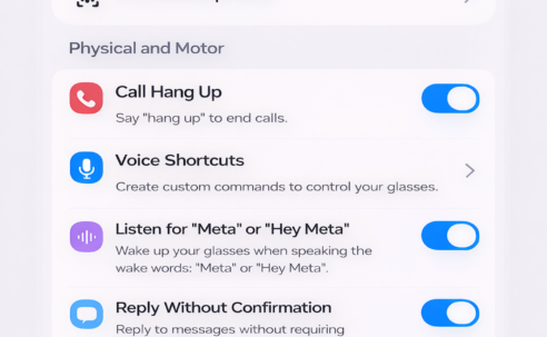 Mock-up of the Meta AI app Accessibility screen for Ray-Ban Meta smart glasses, showing a proposed Physical and motor section with voice-based controls including call hang up, voice shortcuts, wake word settings, reply without confirmation, and authenticated message readouts for disabled people.