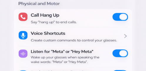 Mock-up of the Meta AI app Accessibility screen for Ray-Ban Meta smart glasses, showing a proposed Physical and motor section with voice-based controls including call hang up, voice shortcuts, wake word settings, reply without confirmation, and authenticated message readouts for disabled people.