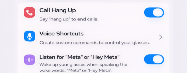 Mock-up of the Meta AI app Accessibility screen for Ray-Ban Meta smart glasses, showing a proposed Physical and motor section with voice-based controls including call hang up, voice shortcuts, wake word settings, reply without confirmation, and authenticated message readouts for disabled people.
