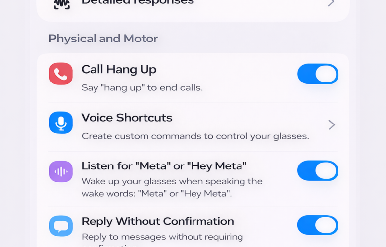 Mock-up of the Meta AI app Accessibility screen for Ray-Ban Meta smart glasses, showing a proposed Physical and motor section with voice-based controls including call hang up, voice shortcuts, wake word settings, reply without confirmation, and authenticated message readouts for disabled people.