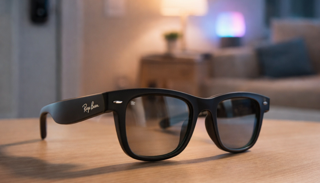 Ray-Ban Meta smart glasses on a wooden table in a modern living room with smart lighting and a smart lock in the background, illustrating smart home control potential.