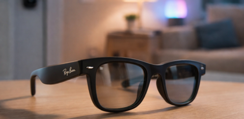 Ray-Ban Meta smart glasses on a wooden table in a modern living room with smart lighting and a smart lock in the background, illustrating smart home control potential.